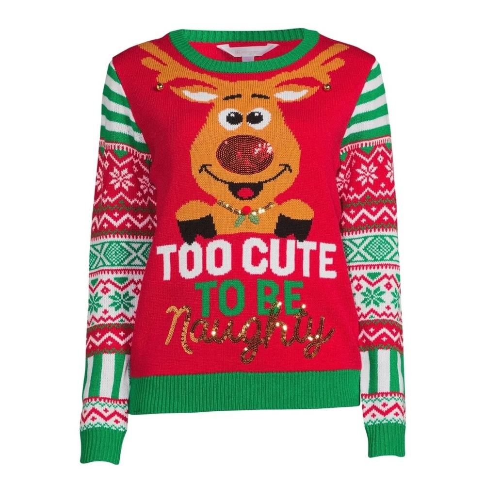 No Boundaries Red Green Sequin Rudolf Too Cute To Be Naughty Christmas Sweater S